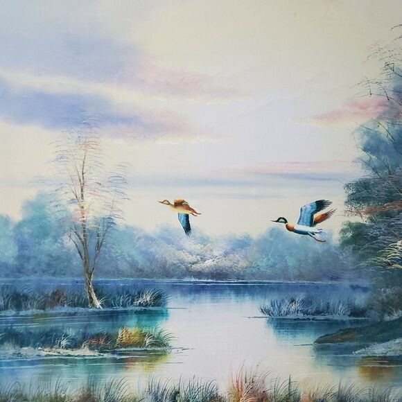 ORIGINAL VINTAGE LARGE UNSIGNED OIL ON CANVAS MALLARD DUCKS FLYING ON POND 48X36 - Picture 3 of 7